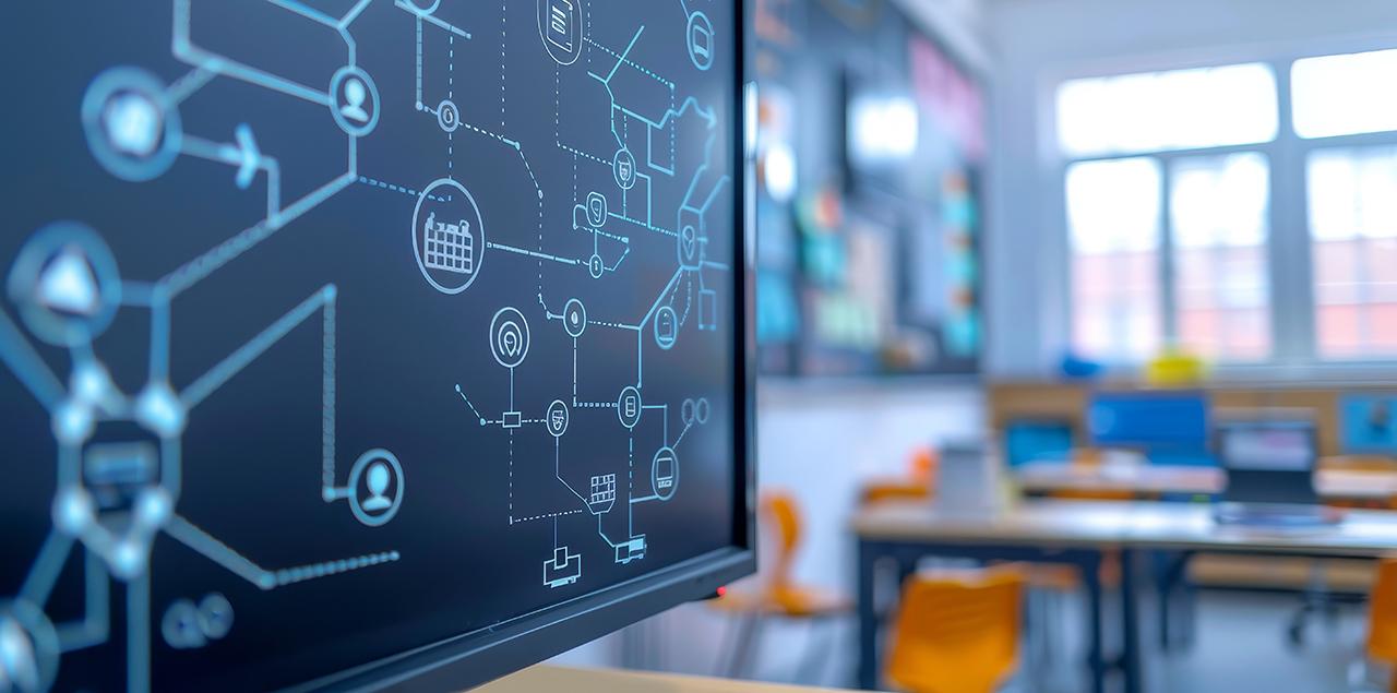 An poster in a classroom showing a basic network topology diagram with labeled components for student learning.